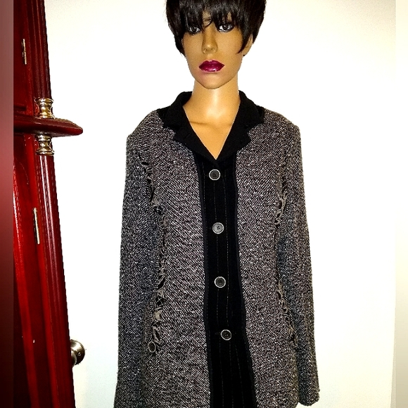 CANVASBACKS 10 TWEED BOUCLE PINSTRIPE BLACK WHITE WOOL BLEND JACKET - Picture 2 of 8